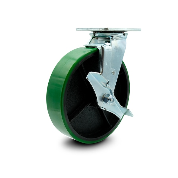 8 Inch Green Poly on Cast Iron Swivel Caster with Ball Bearing and Brake SCC